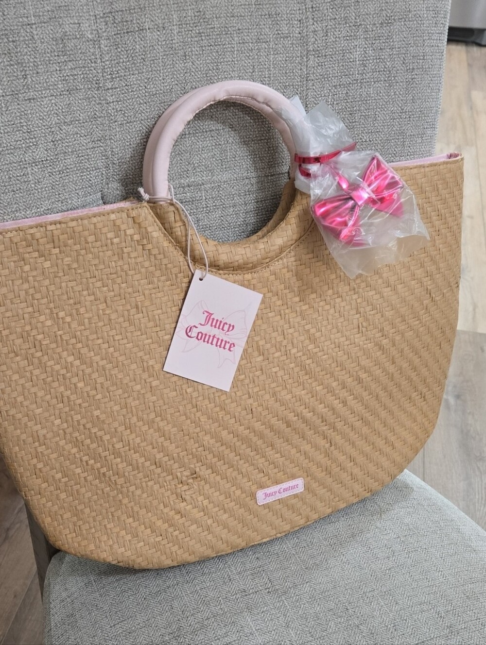 NWT Juicy Couture Natural Straw Tote with Pink Trim and Handles